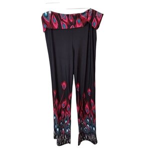 White Mark Womens 3XL Wide Leg Pants Black Fold Over Waist Printed Peacock Knit